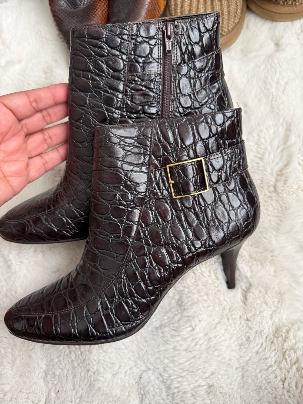 Talbots Women’s Dark Brown Croc-Embossed Ankle Boots with Gold Buckle